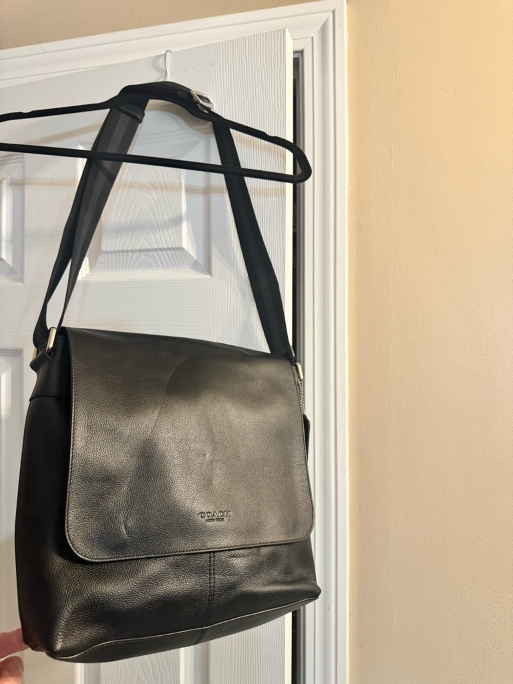 Coach Black Leather Messenger Bag with Adjustable Strap